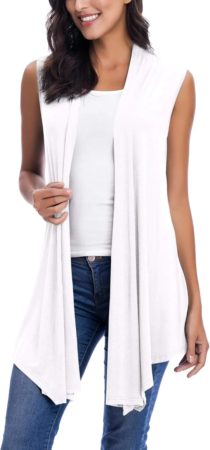 Womens Sleeveless Open Front Draped Asymmetric Hem Cardigan Vest