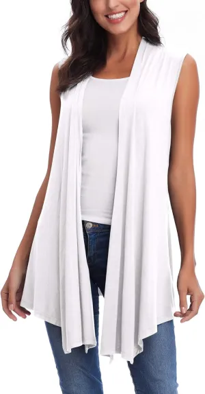 Womens Sleeveless Open Front Draped Asymmetric Hem Cardigan Vest