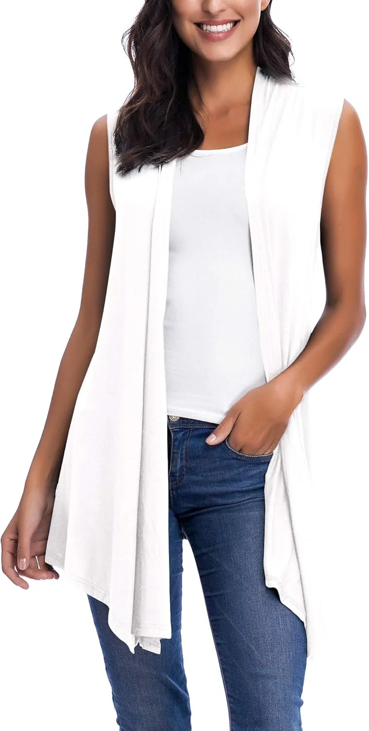 Womens Sleeveless Open Front Draped Asymmetric Hem Cardigan Vest