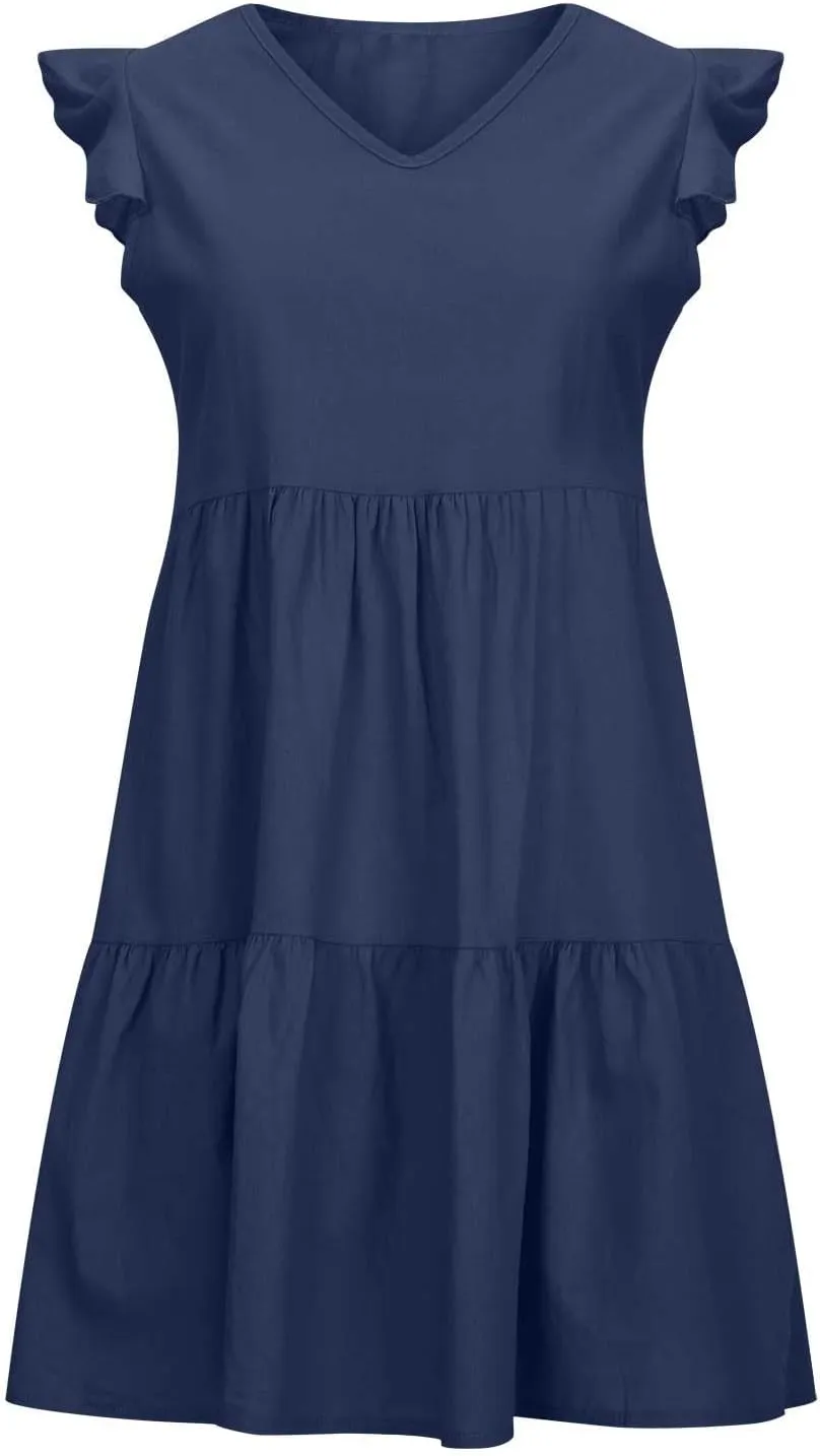 Women's Solid Casual Mini Dresses Short Ruffle Sleeve V Neck Pleated Dresses A-Lined Ruched Trendy Flowy Dress
