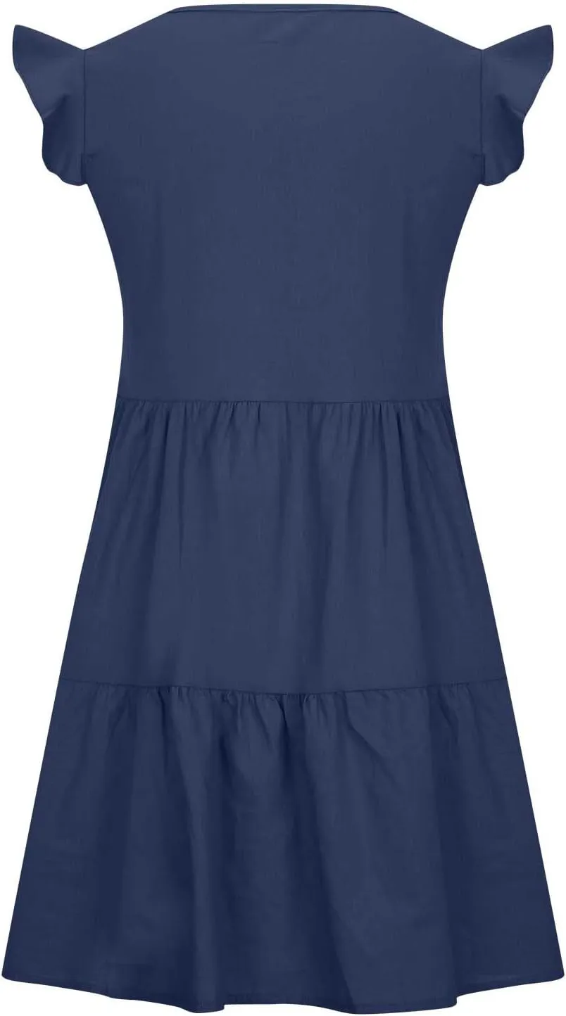Women's Solid Casual Mini Dresses Short Ruffle Sleeve V Neck Pleated Dresses A-Lined Ruched Trendy Flowy Dress
