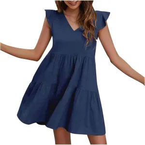 Women's Solid Casual Mini Dresses Short Ruffle Sleeve V Neck Pleated Dresses A-Lined Ruched Trendy Flowy Dress