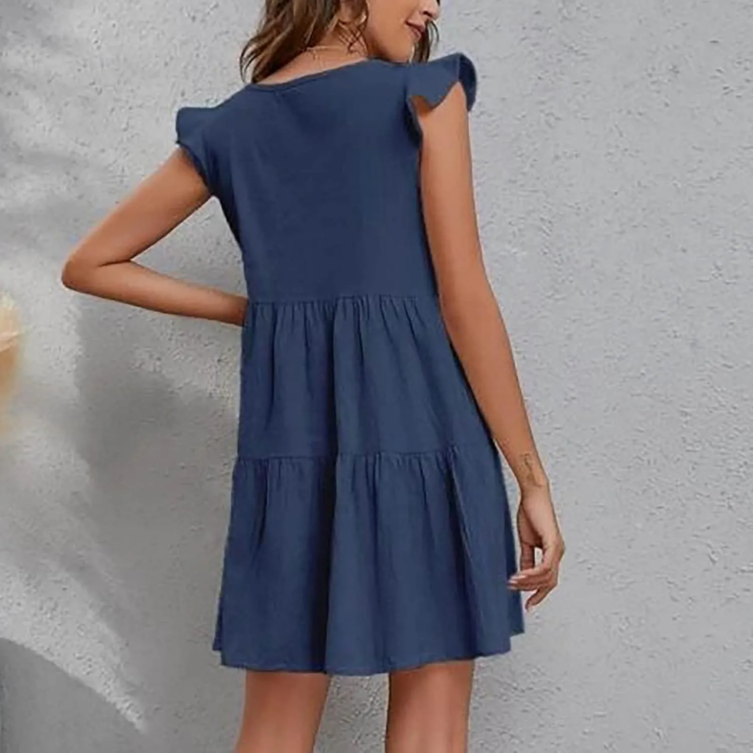 Women's Solid Casual Mini Dresses Short Ruffle Sleeve V Neck Pleated Dresses A-Lined Ruched Trendy Flowy Dress