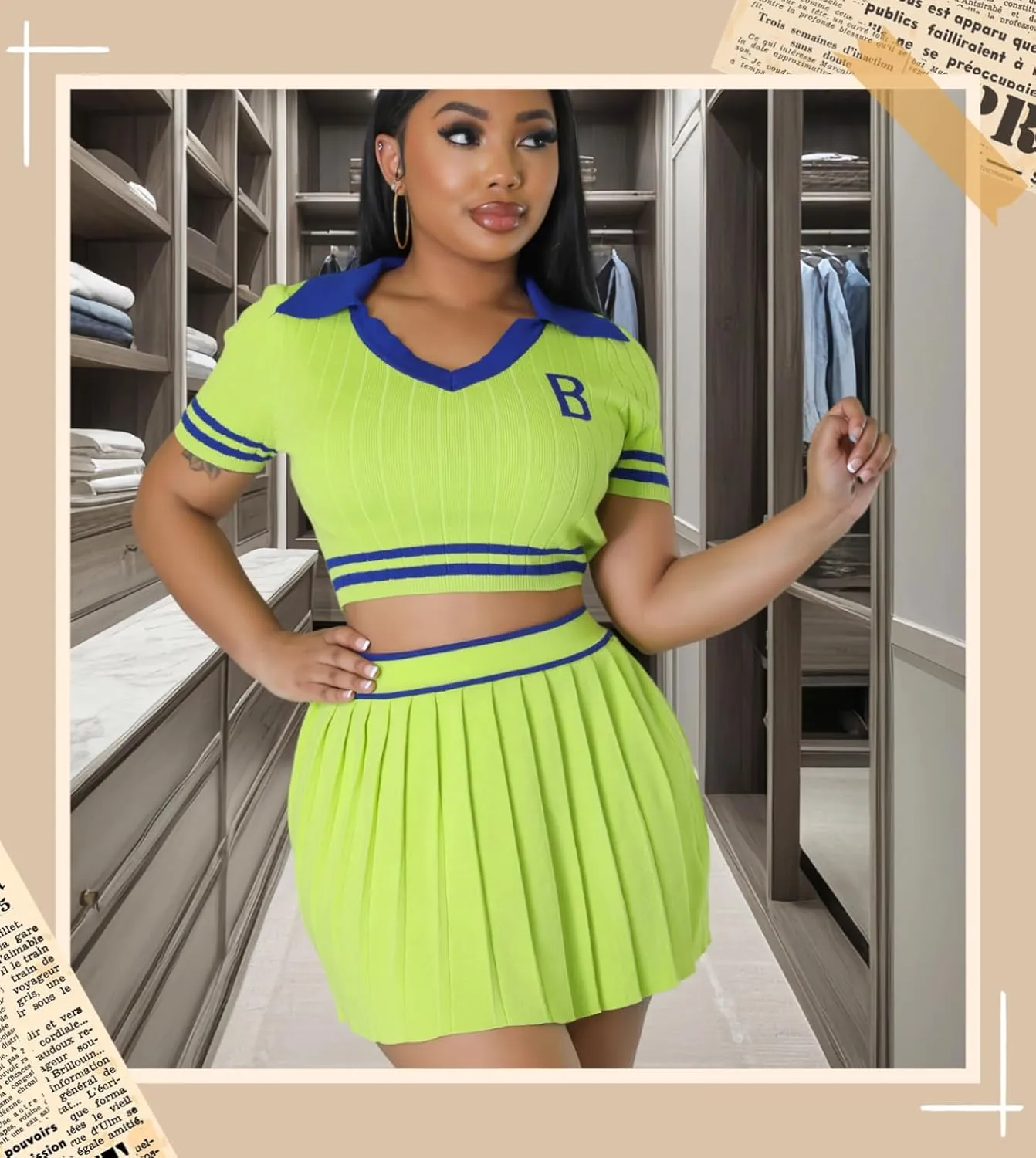Women's Sports Tennis Energetic Short Sleeved Slim fit Pleated V-Neck Slim fit Fashion Sexy Two-Piece Dress