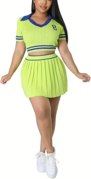 Women's Sports Tennis Energetic Short Sleeved Slim fit Pleated V-Neck Slim fit Fashion Sexy Two-Piece Dress