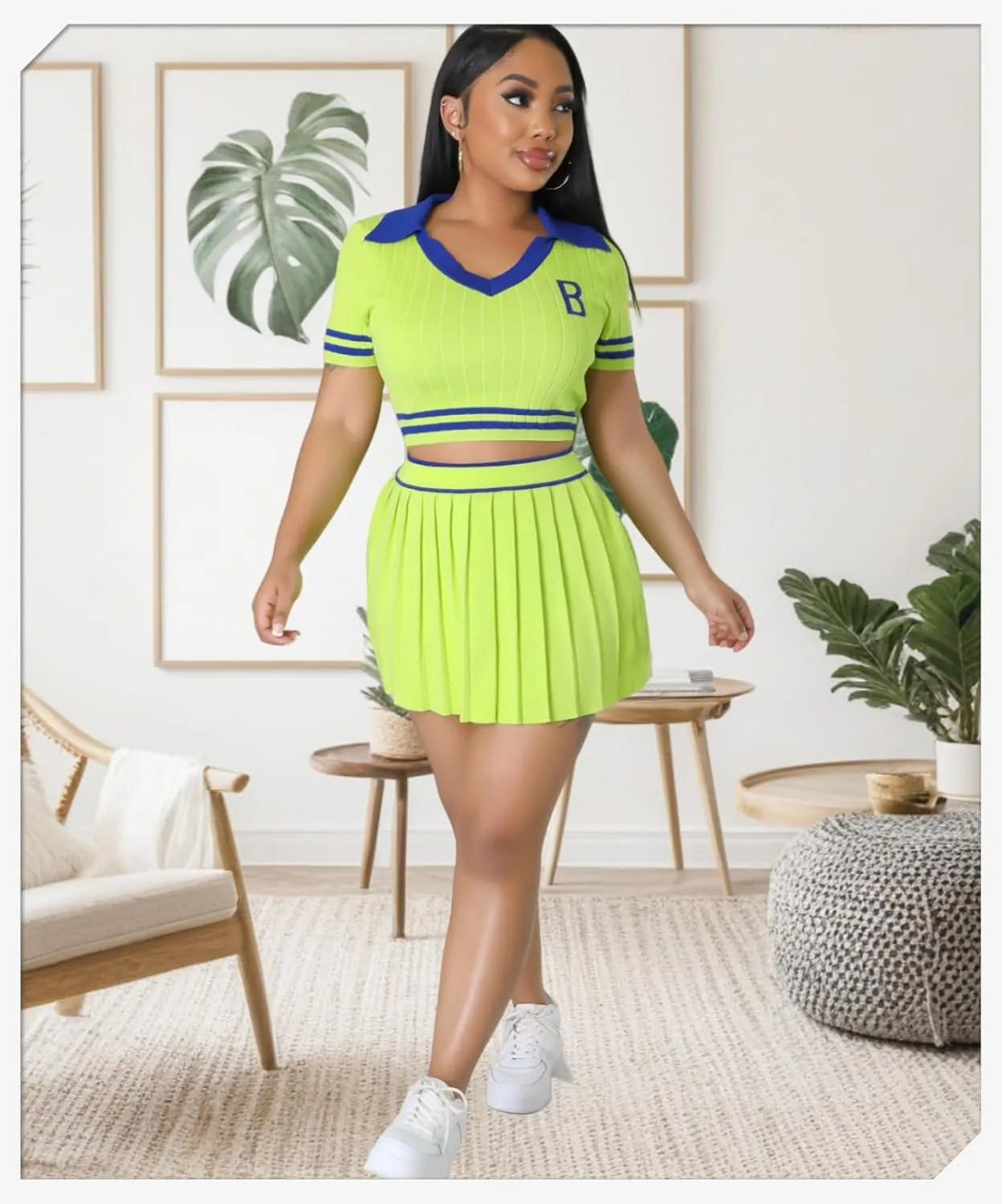 Women's Sports Tennis Energetic Short Sleeved Slim fit Pleated V-Neck Slim fit Fashion Sexy Two-Piece Dress