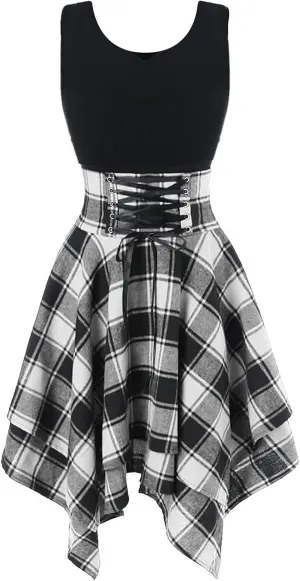 Women's Spring Dresses 2024 Fashion Sleeveless Cold Shoulder Cross Up Plaid Print Irregular Dress, S-2Xl