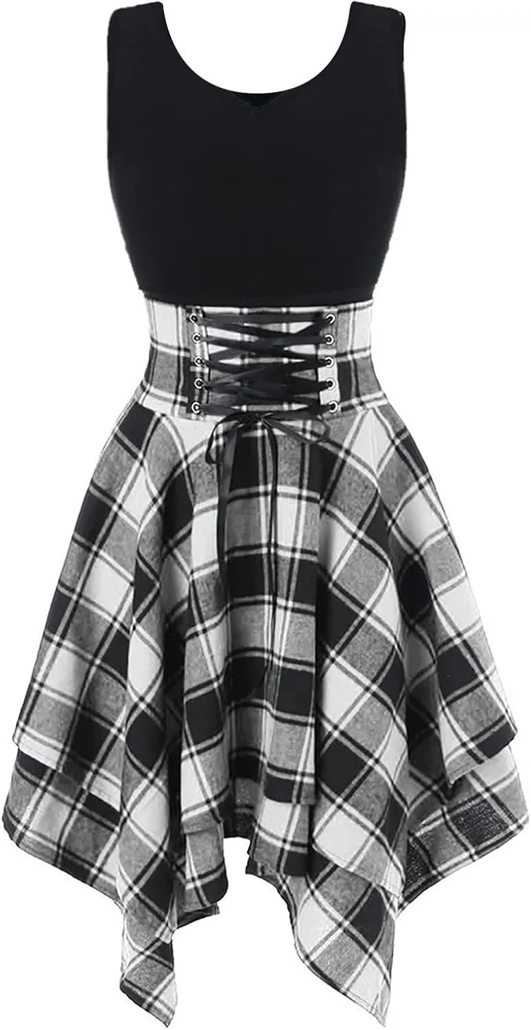 Women's Spring Dresses 2024 Fashion Sleeveless Cold Shoulder Cross Up Plaid Print Irregular Dress, S-2Xl