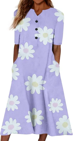 Women's Summer Casual Floral (Gradient) Printed Short Sleeve Dress Fashion