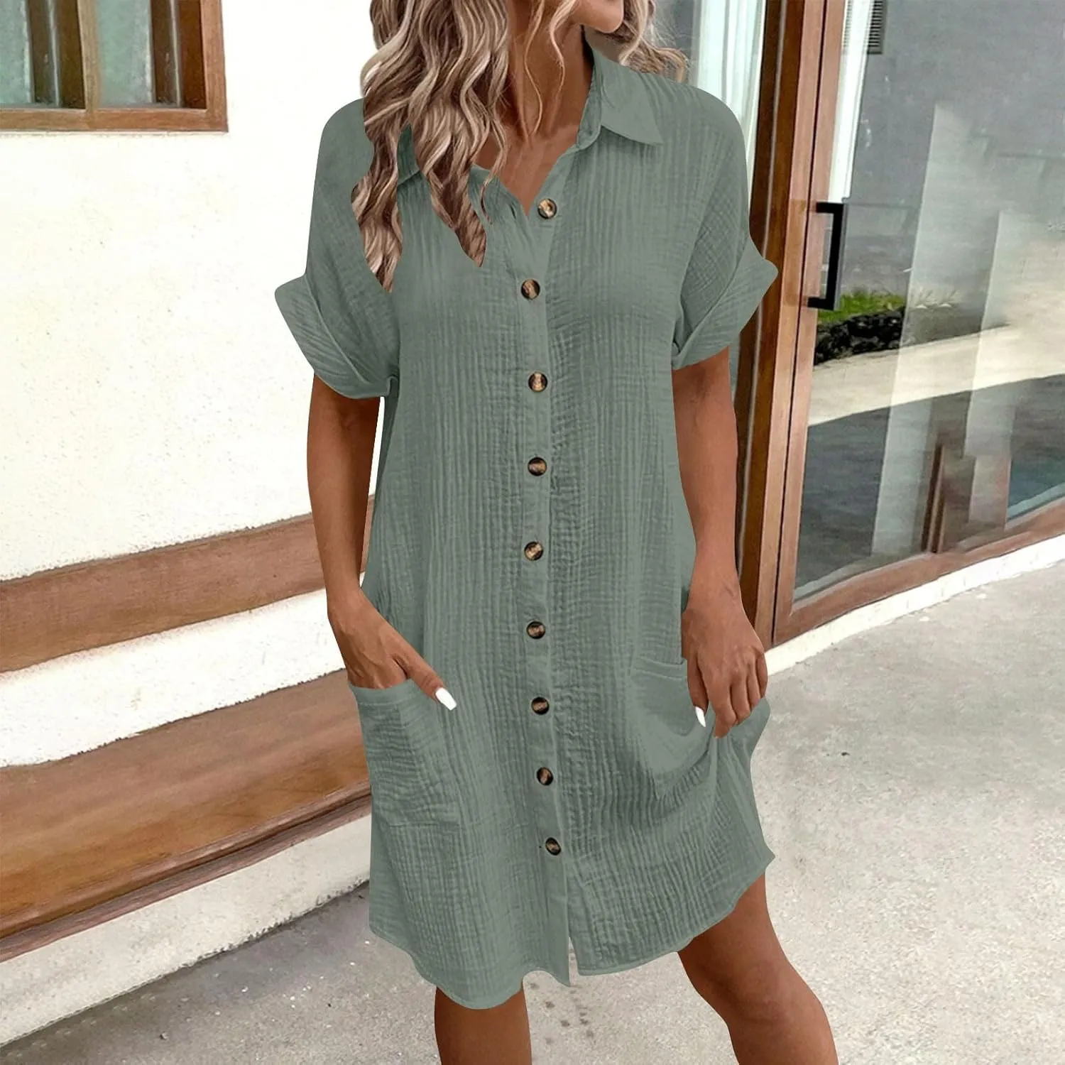 Women's Summer Cotton Shirt Dress Short Sleeves Button Down Knee Length Dresses Casual Loose Mini Dress with Pockets