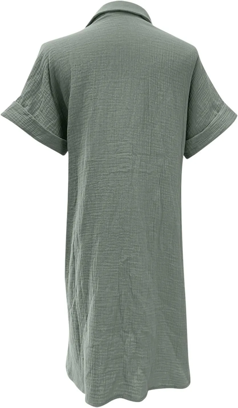 Women's Summer Cotton Shirt Dress Short Sleeves Button Down Knee Length Dresses Casual Loose Mini Dress with Pockets