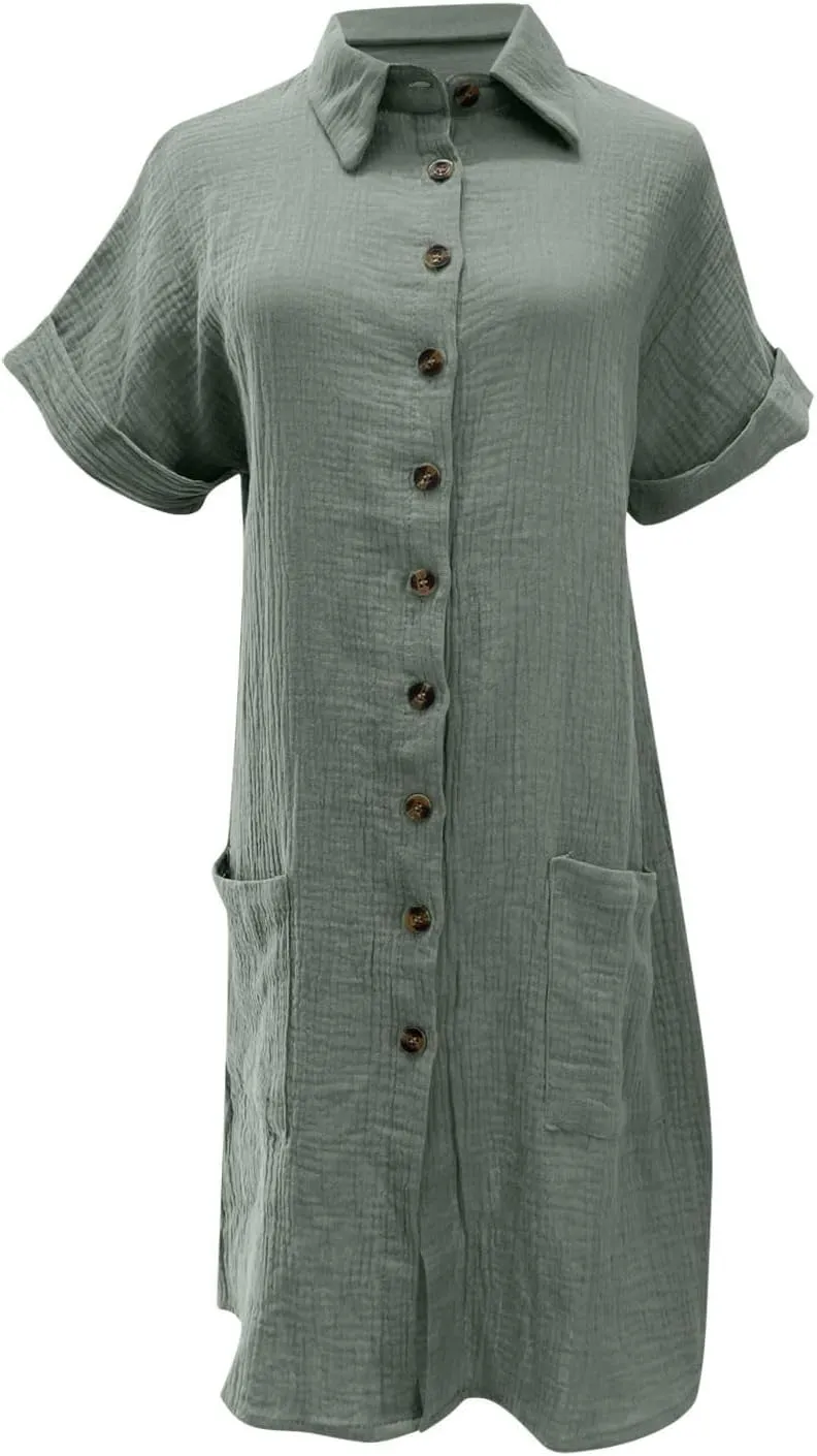 Women's Summer Cotton Shirt Dress Short Sleeves Button Down Knee Length Dresses Casual Loose Mini Dress with Pockets