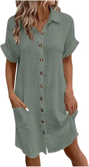 Women's Summer Cotton Shirt Dress Short Sleeves Button Down Knee Length Dresses Casual Loose Mini Dress with Pockets
