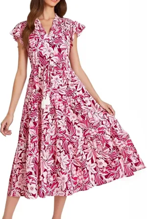 Womens Summer Dress Short Sleeve V-Neck Ruffle Tiered Midi Dresses Floral Printed Vacation Sundress with Fringe Belt
