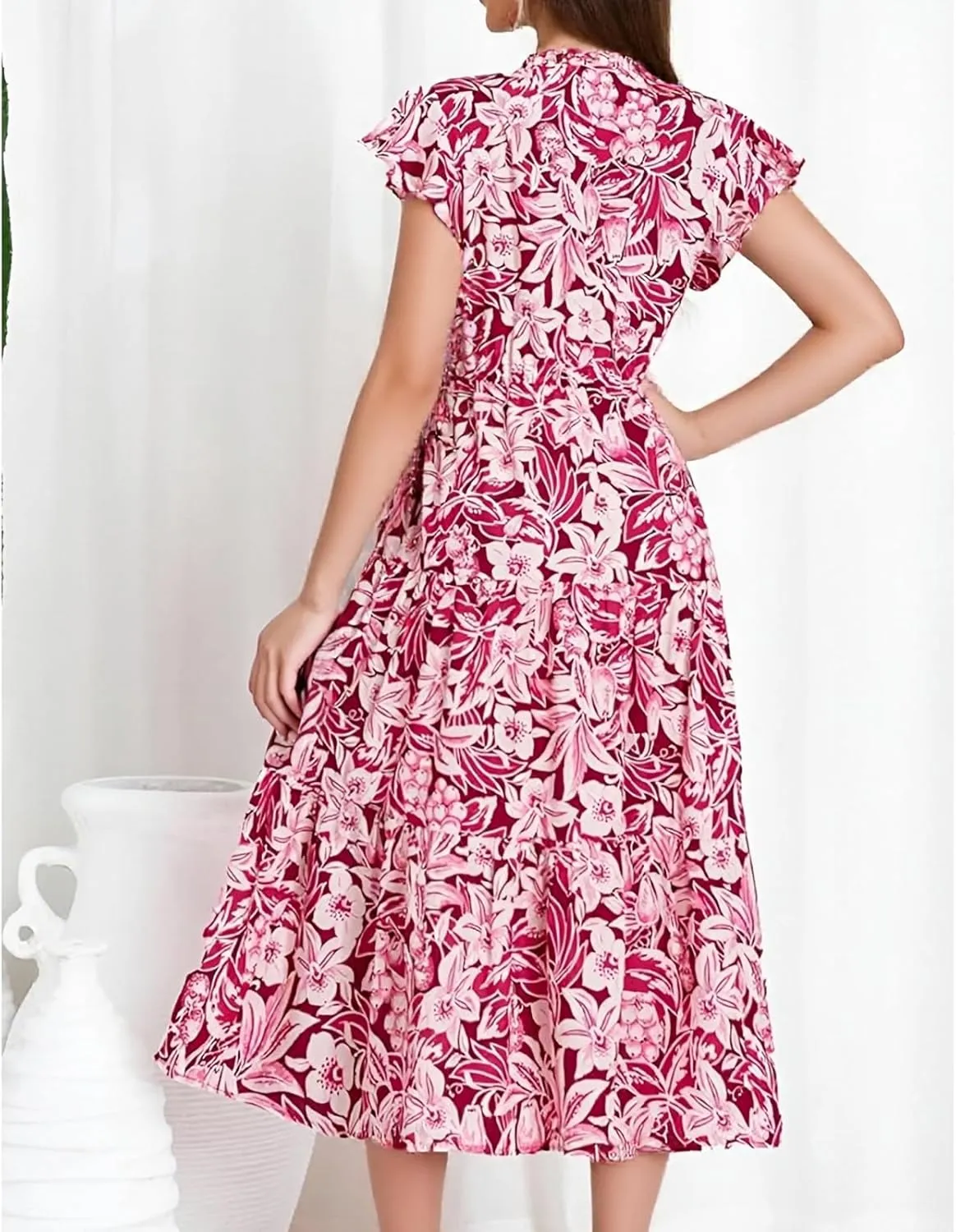 Womens Summer Dress Short Sleeve V-Neck Ruffle Tiered Midi Dresses Floral Printed Vacation Sundress with Fringe Belt