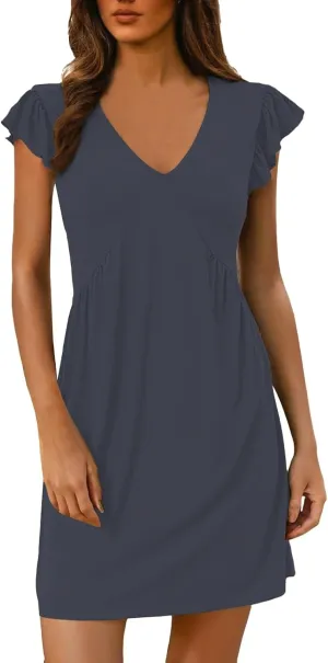 Women's Summer Dresses 2025 Beach Casual Deep V Neck Loose Sundress Ruffle Sleeve Mini Dress