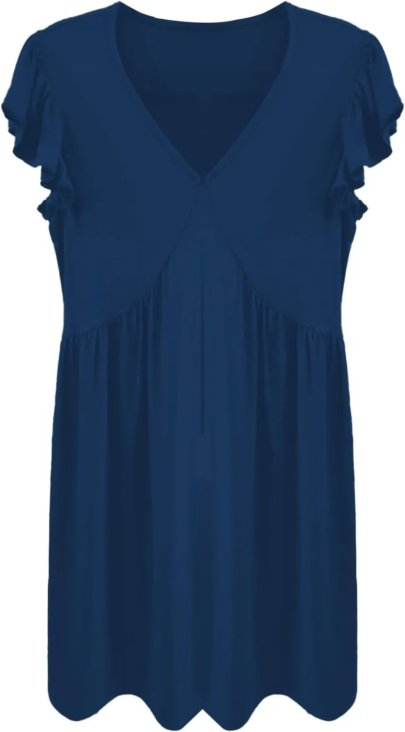 Women's Summer Dresses 2025 Beach Casual Deep V Neck Loose Sundress Ruffle Sleeve Mini Dress