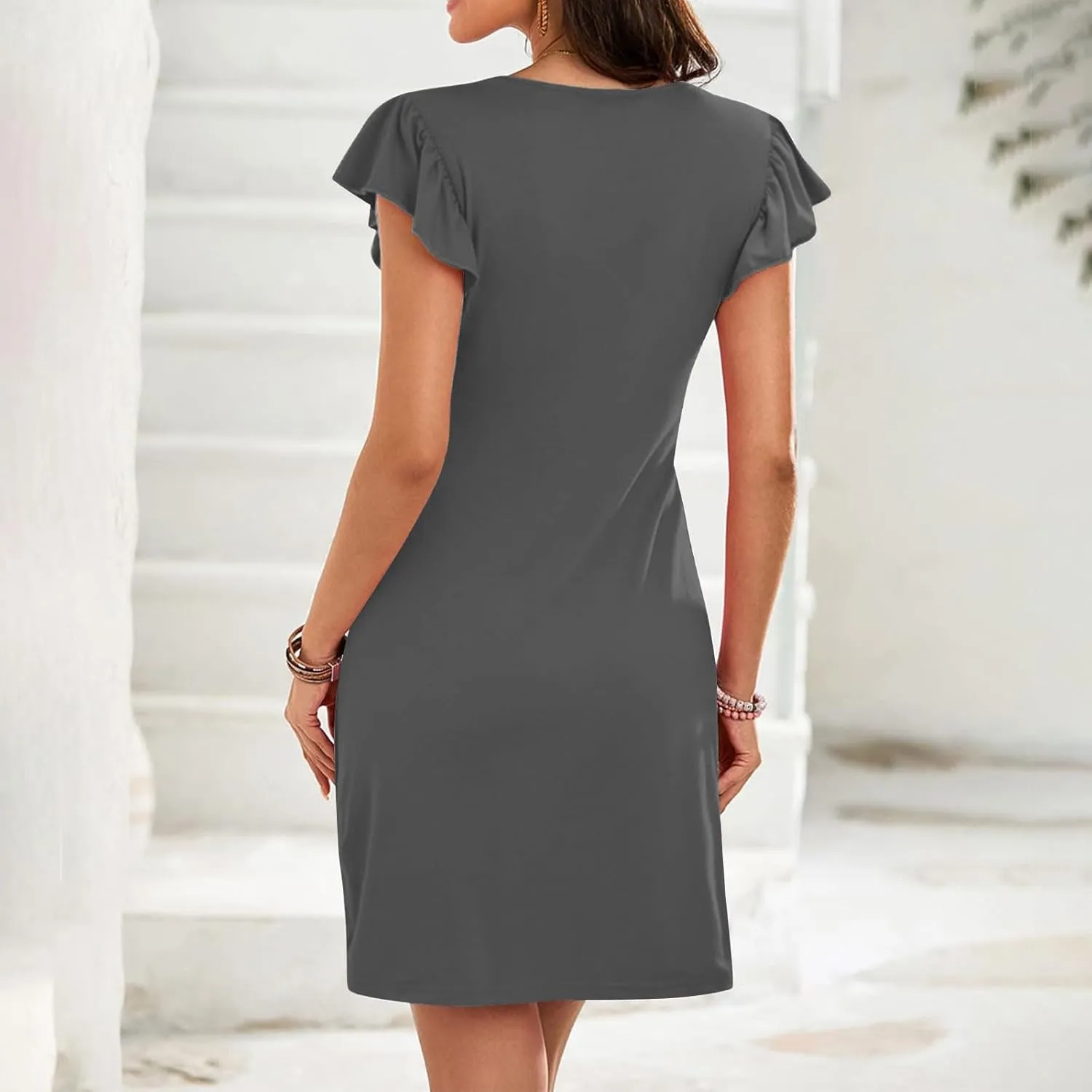 Women's Summer Dresses 2025 Beach Casual Tunic Dress Sexy Deep V Neck Loose Sundress Ruffle Cap Sleeve Mini Dresses