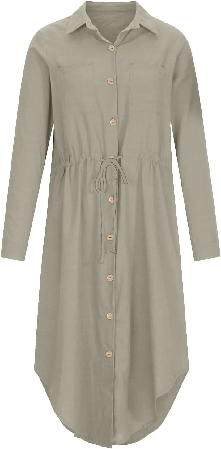 Women's Summer Dresses Cotton Linen Long Sleeve Button Down Casual Sundress Sexy Beach Maxi Shirt Dress with Pockets