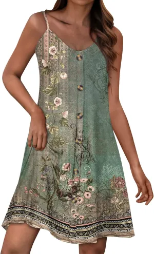 Womens Summer Dresses Flowy Beach Sundresses Button Floral Sleeveless Beach Cover Up Spaghetti Strap Casual Mini Dress