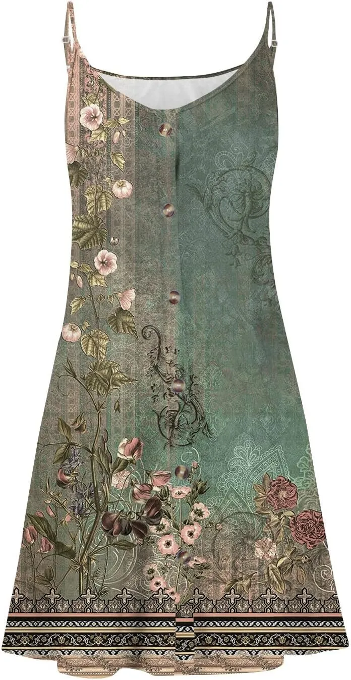 Womens Summer Dresses Flowy Beach Sundresses Button Floral Sleeveless Beach Cover Up Spaghetti Strap Casual Mini Dress