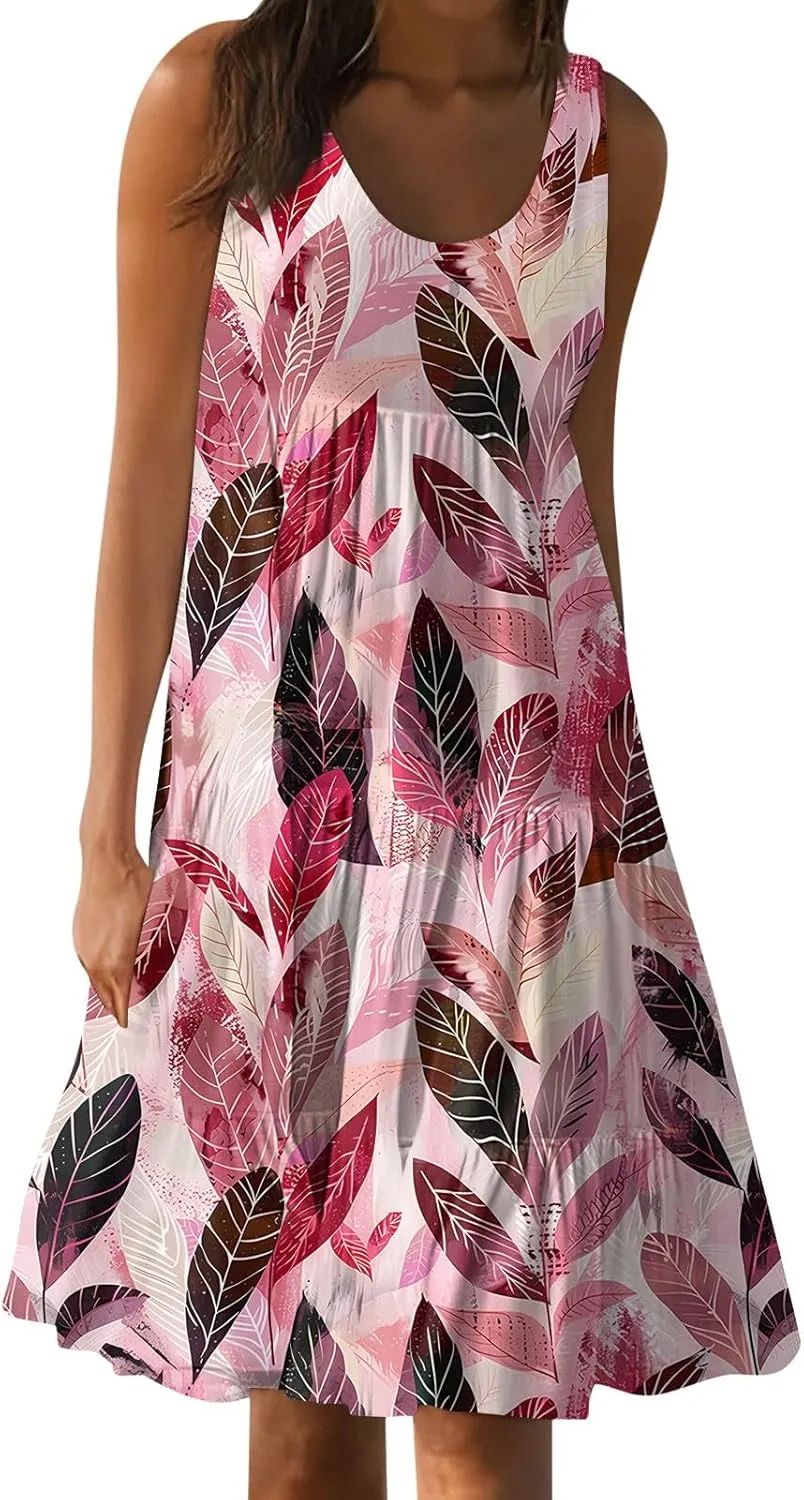 Womens Summer Dresses Round Neck Floral Print Tank Dresses Pleated Sleeveless Midi Dresses Flowy Beach Dress
