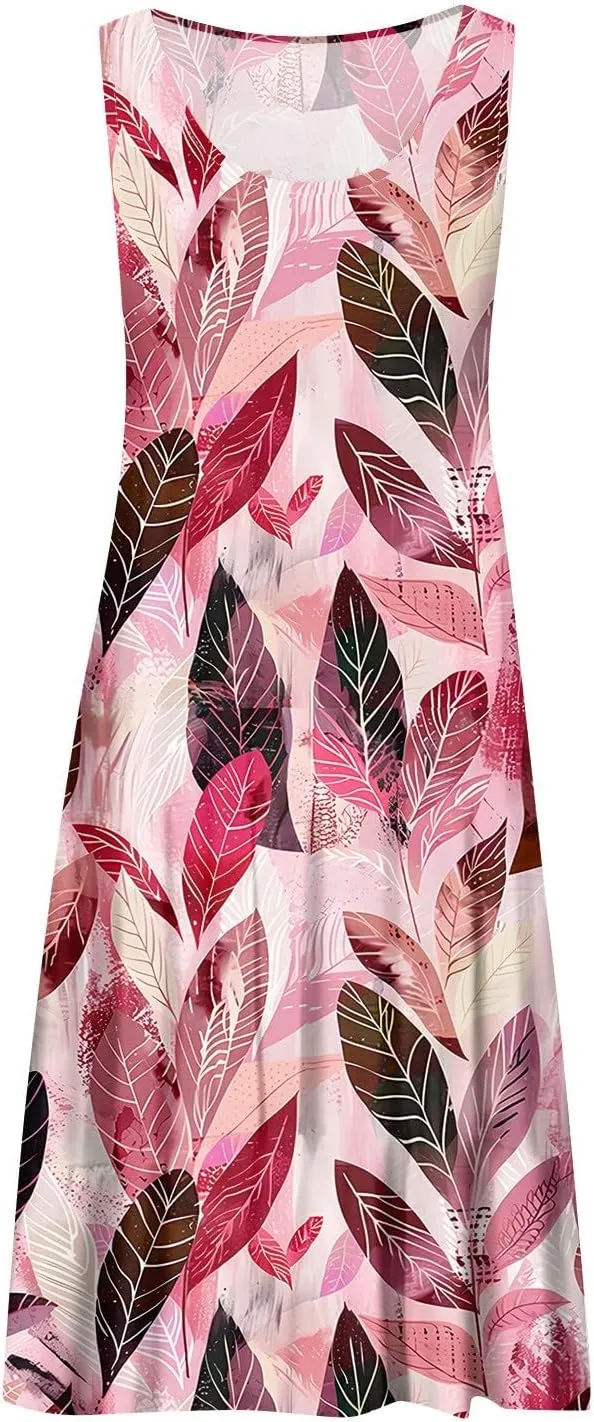 Womens Summer Dresses Round Neck Floral Print Tank Dresses Pleated Sleeveless Midi Dresses Flowy Beach Dress