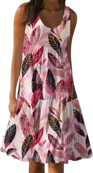 Womens Summer Dresses Round Neck Floral Print Tank Dresses Pleated Sleeveless Midi Dresses Flowy Beach Dress