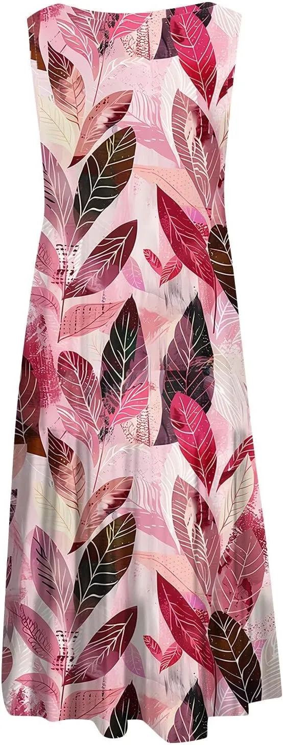 Womens Summer Dresses Round Neck Floral Print Tank Dresses Pleated Sleeveless Midi Dresses Flowy Beach Dress