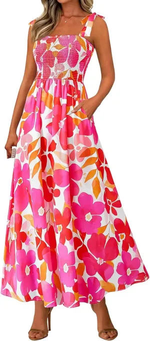 Women's Summer Floral Maxi Dress Spaghetti Strap Smocked Boho Beach Long Dress Sleeveless Ruffle Tiered Flowy Dresses