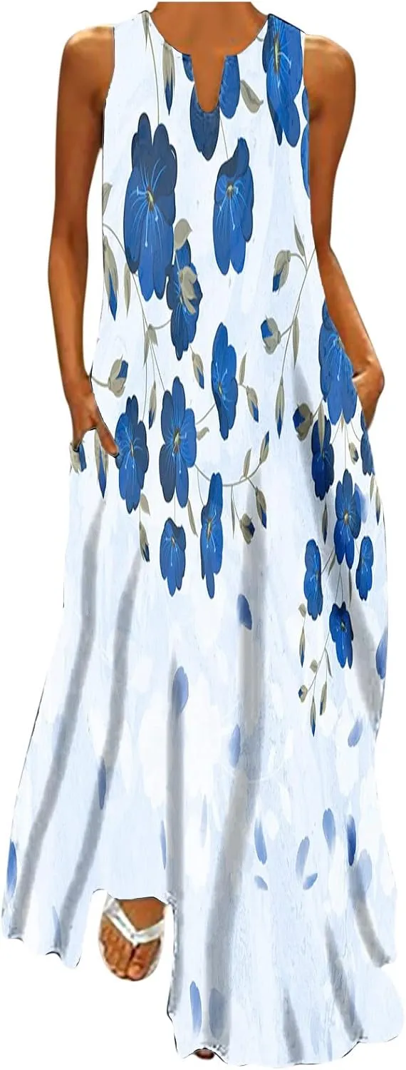 Womens Summer Maxi Dress 2024 Casual V Neck Floral Sleeveless Sun Dress Trendy Beach Vacation Long Flowy Dresses with Pocket