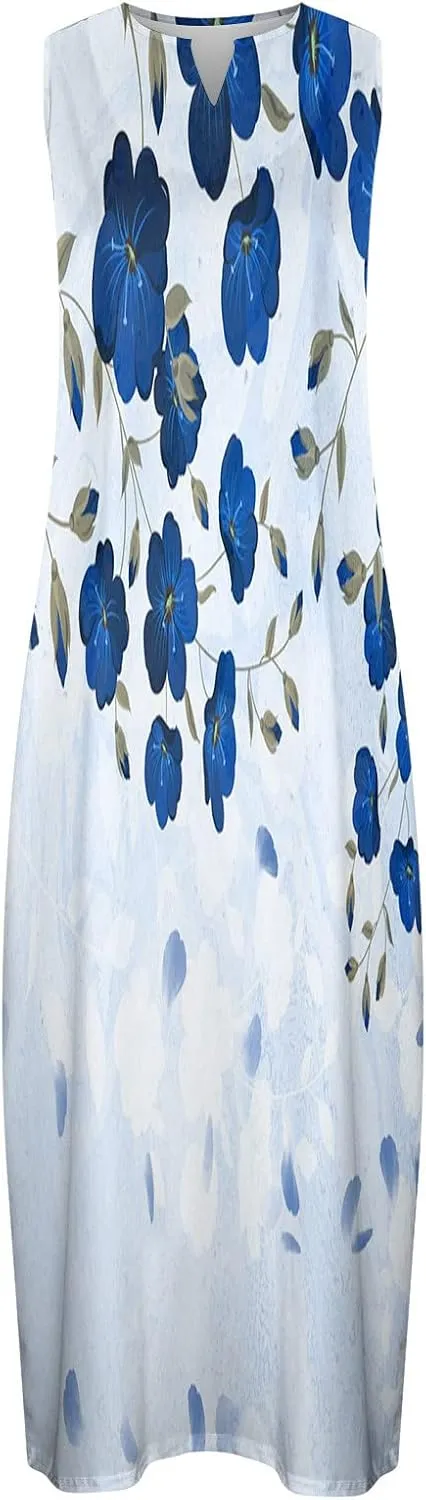 Womens Summer Maxi Dress 2024 Casual V Neck Floral Sleeveless Sun Dress Trendy Beach Vacation Long Flowy Dresses with Pocket