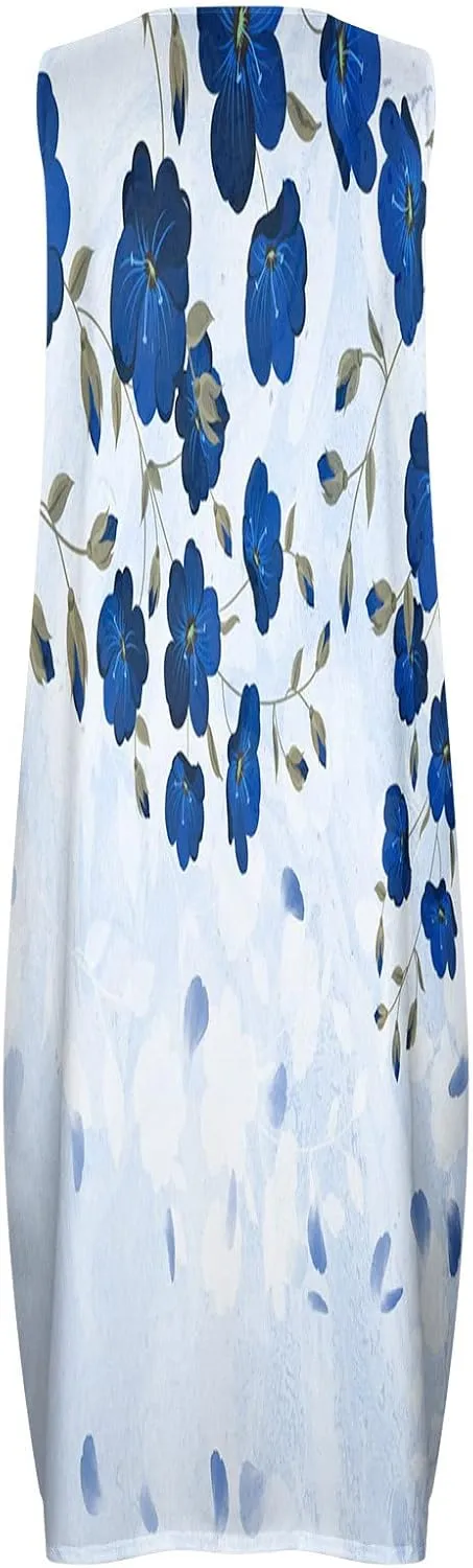 Womens Summer Maxi Dress 2024 Casual V Neck Floral Sleeveless Sun Dress Trendy Beach Vacation Long Flowy Dresses with Pocket