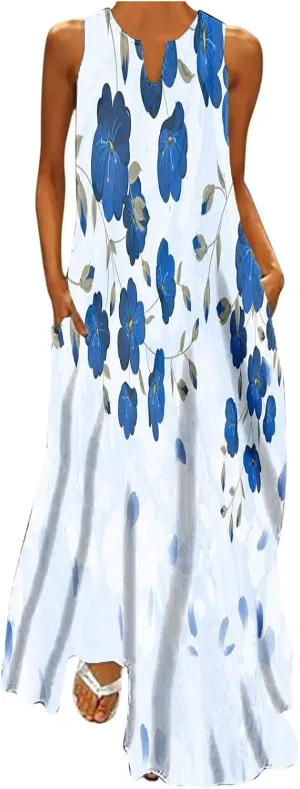 Womens Summer Maxi Dress 2024 Casual V Neck Floral Sleeveless Sun Dress Trendy Beach Vacation Long Flowy Dresses with Pocket