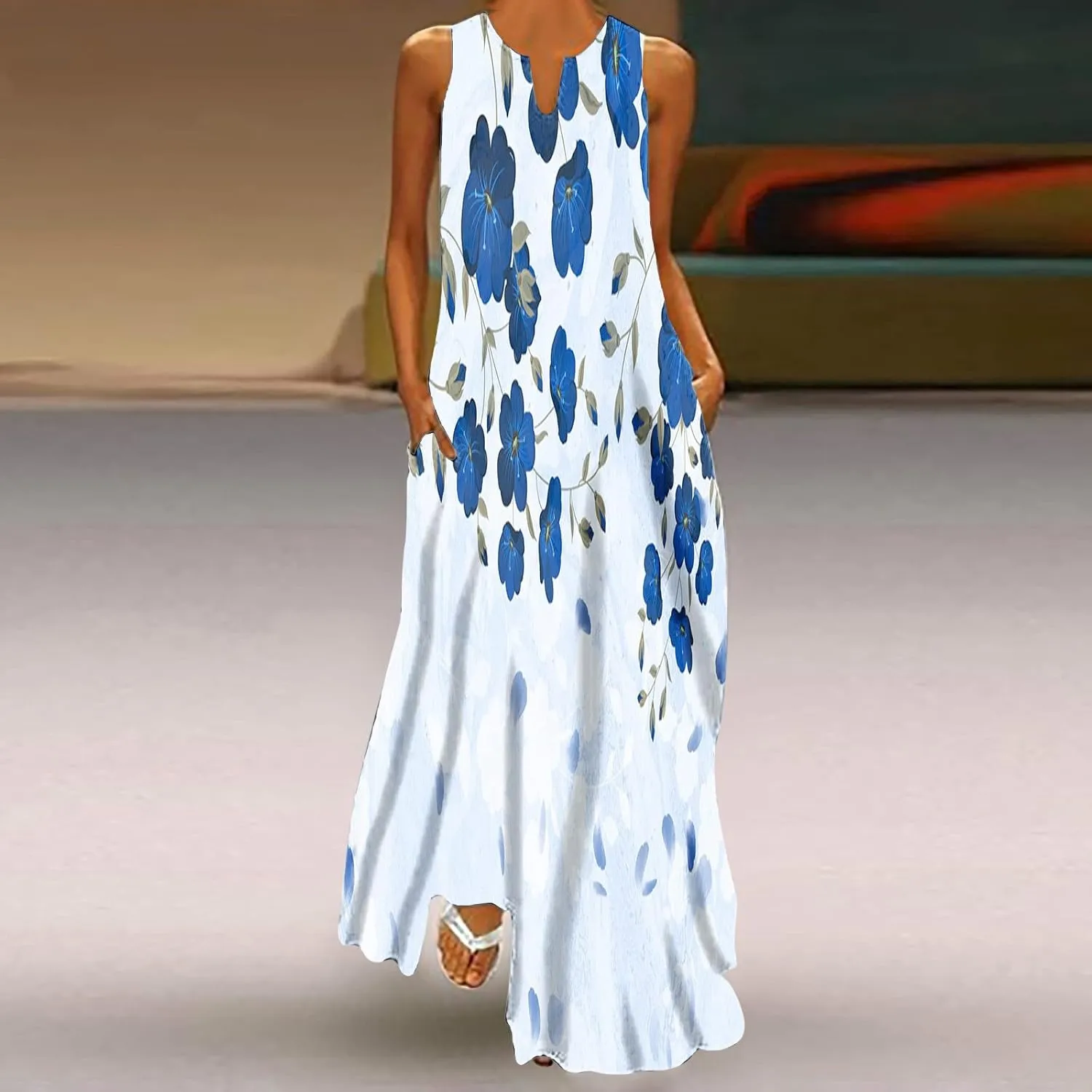 Womens Summer Maxi Dress 2024 Casual V Neck Floral Sleeveless Sun Dress Trendy Beach Vacation Long Flowy Dresses with Pocket