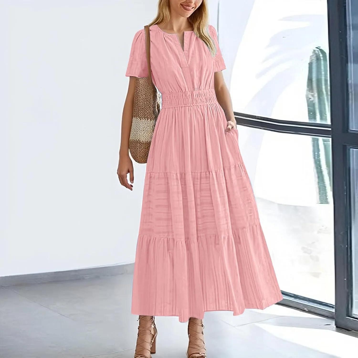 Womens Summer Maxi Dresses Casual V Neck A Line Long Flowy Dress Short Sleeve Smocked Ruffle Beach Vacation Sundress