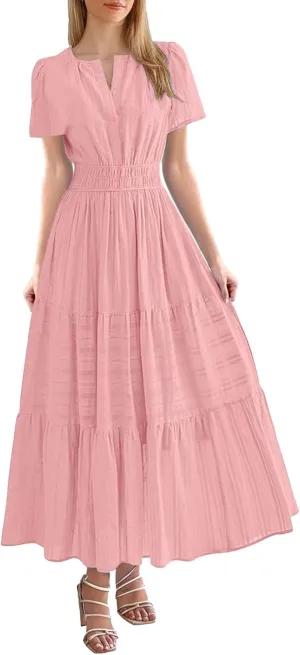 Womens Summer Maxi Dresses Casual V Neck A Line Long Flowy Dress Short Sleeve Smocked Ruffle Beach Vacation Sundress