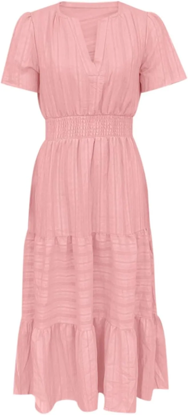 Womens Summer Maxi Dresses Casual V Neck A Line Long Flowy Dress Short Sleeve Smocked Ruffle Beach Vacation Sundress