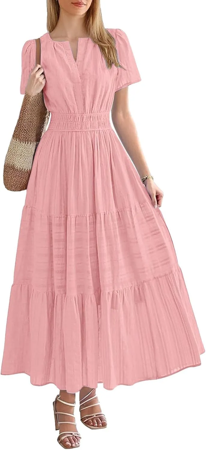 Womens Summer Maxi Dresses Casual V Neck A Line Long Flowy Dress Short Sleeve Smocked Ruffle Beach Vacation Sundress