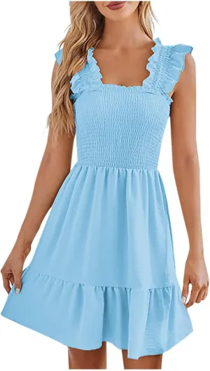 Women's Summer Mini Dresses Square Neck Smocked Boho Dress Ruffle Sleeveless Flowy Cute Casual A-Line Beach Sundress