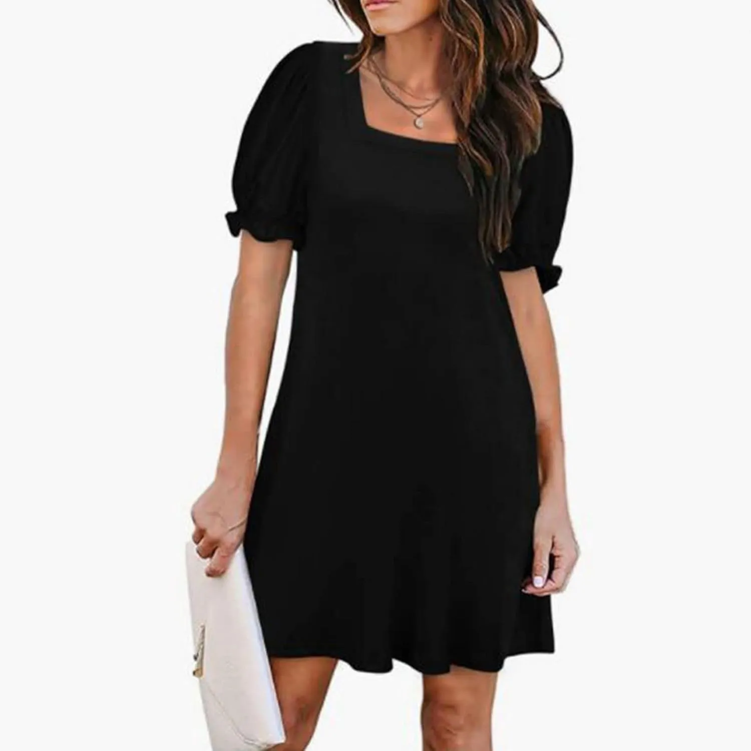 Womens Summer Puff Sleeve Mini Dress Square Neck Ruffle Short Sleeve Dresses Solid A Line Casual Swing Midi Dress