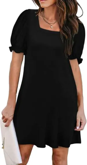 Womens Summer Puff Sleeve Mini Dress Square Neck Ruffle Short Sleeve Dresses Solid A Line Casual Swing Midi Dress