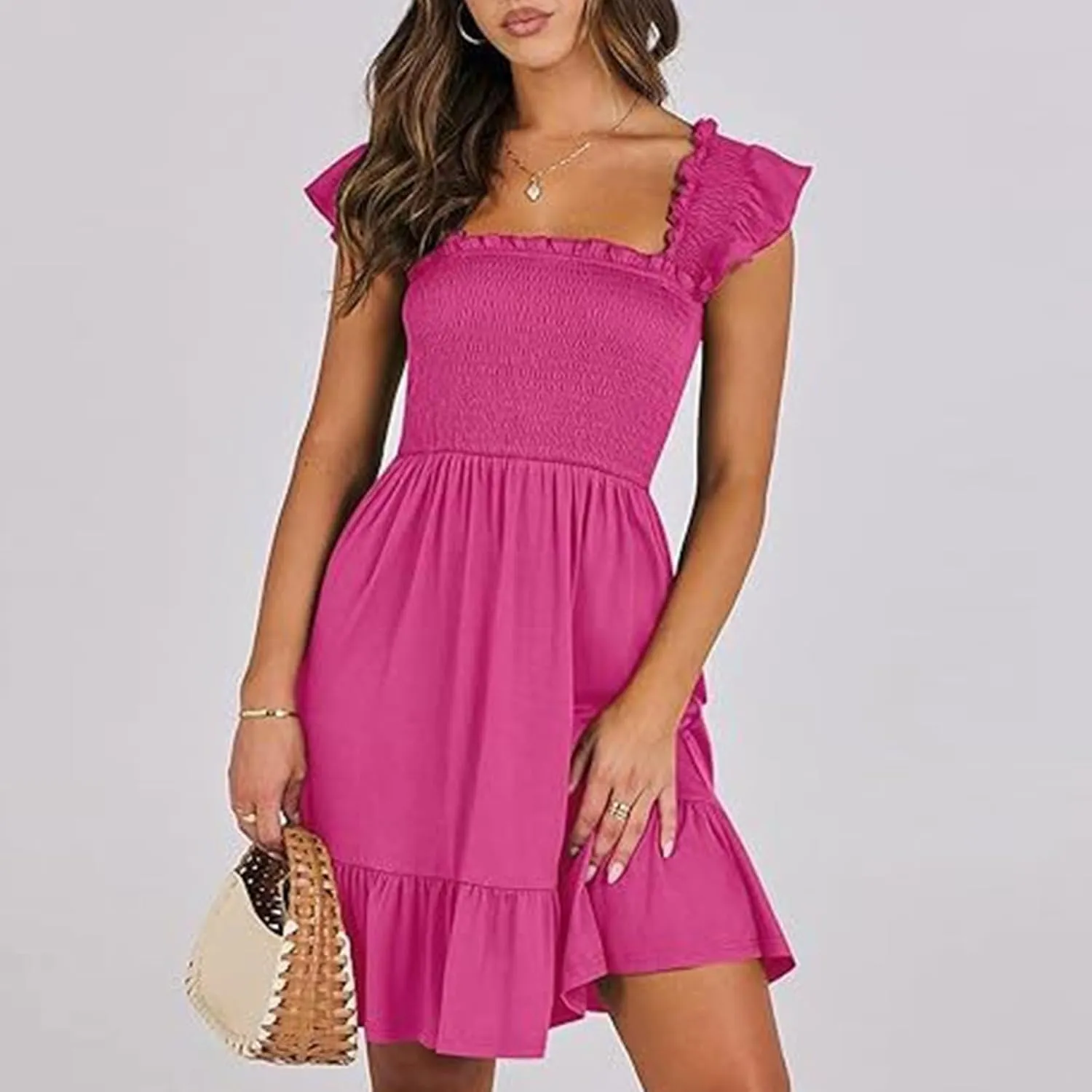 Women's Summer Ruffle Sleeve Sweetheart Neckline Floral Print Mini Dress Casual A-Line Flowy Sundress for Beachwear