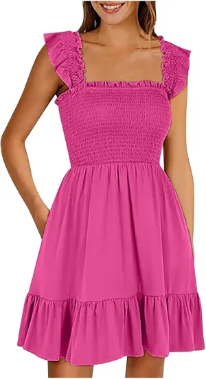 Women's Summer Ruffle Sleeve Sweetheart Neckline Floral Print Mini Dress Casual A-Line Flowy Sundress for Beachwear