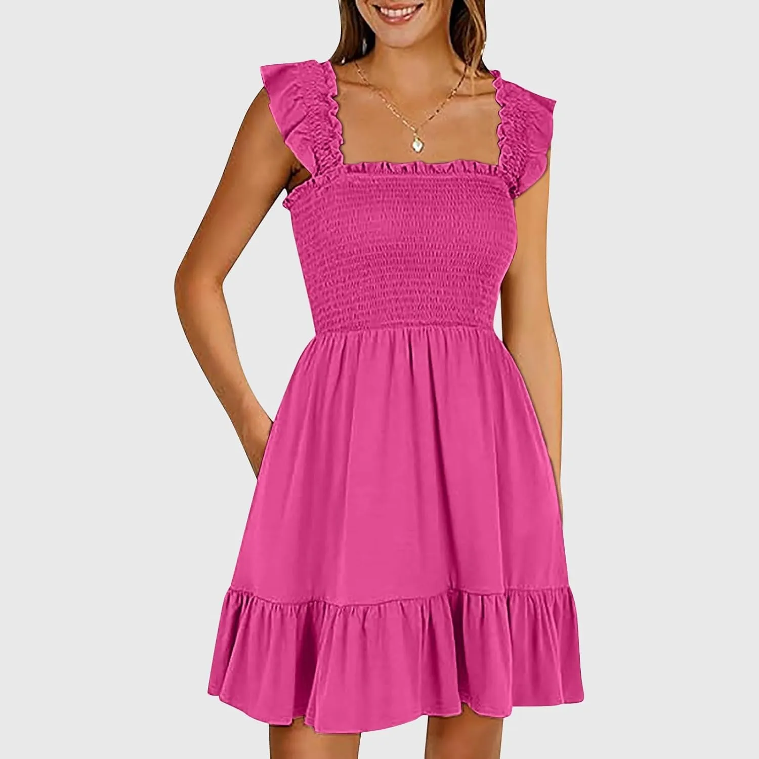 Women's Summer Ruffle Sleeve Sweetheart Neckline Floral Print Mini Dress Casual A-Line Flowy Sundress for Beachwear