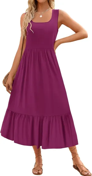 Women's Summer Sleeveless Dress Maxi Beach Vacation Dresses Casual Flowy Tired Sundress Square Neck Tank Top