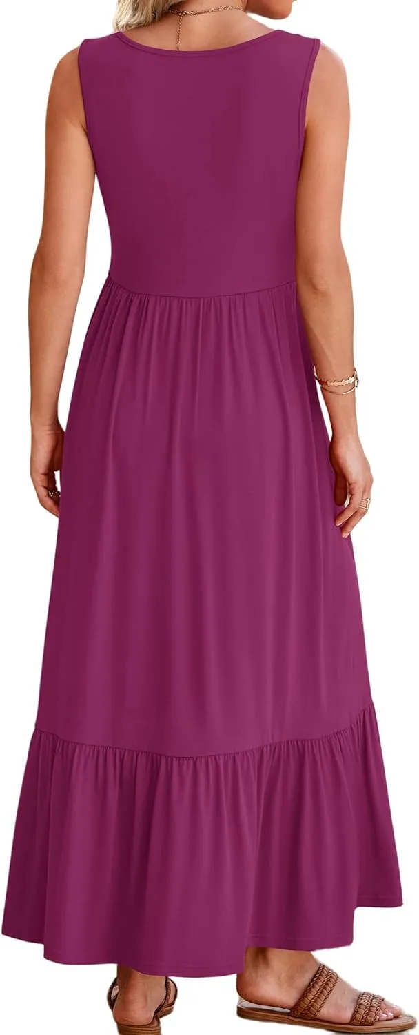 Women's Summer Sleeveless Dress Maxi Beach Vacation Dresses Casual Flowy Tired Sundress Square Neck Tank Top