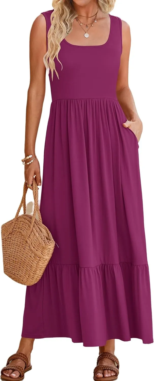 Women's Summer Sleeveless Dress Maxi Beach Vacation Dresses Casual Flowy Tired Sundress Square Neck Tank Top