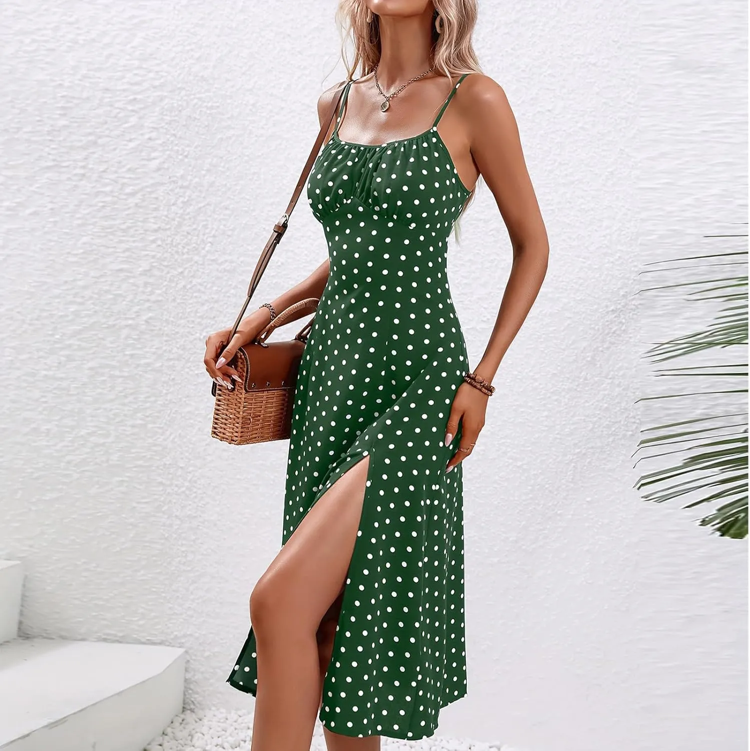 Women's Summer Split Thigh Spaghetti Strap Cami Midi Floral Dress Sleeveless Polka Dot Beach Slim Fit Sundresses
