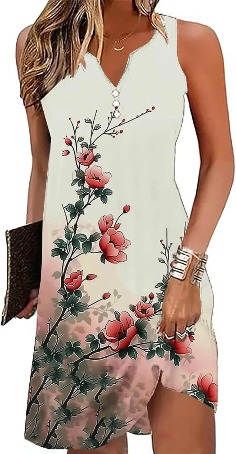 Womens Summer Tank Dress 2025 Casual Button Down V Neck Sleeveless Beach Boho Dresses A-Line Flowy Sundress